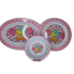 TWEETY BIRD Warner Bros Pink 3 Pc Set Serving‎ Platter, Plate, & Bowl Vtg